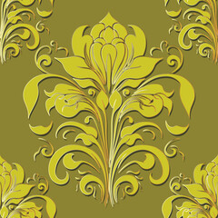 Art nouveau Seamless floral ornamental 3d pattern for fabric, wallpapers, cards, prints. Vector luxury background in green gold colors. Nouveau ornaments with vintage flowers, leaves. Endless texture