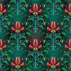 Art nouveau Seamless floral ornamental 3d pattern for fabric, wallpapers, cards, prints. Vector colorful glowing background. Nouveau beautiful ornaments with vintage flowers, leaves. Endless texture