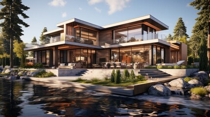 3d rendering of modern house by the river at morning, house, luxury, villa, modern, architecture, building, exterior, residential, property, designer