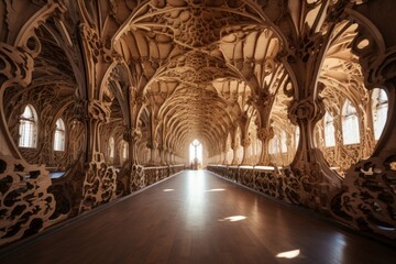 Grandiose Wooden interior cathedral. Culture tourism. Generate Ai - obrazy, fototapety, plakaty