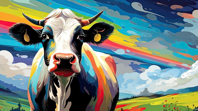 background of the illustration, an abstract cow, depicted as a cartoon character, stands isolated in a vibrant farm scene, adding a touch of artistic flair to this graphic painting.