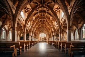 Gothic Wooden interior cathedral. Culture tourism. Generate Ai