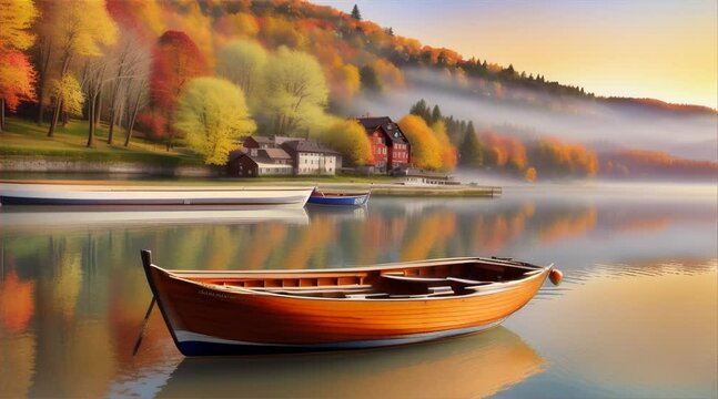イタリアの湖の上をあてもなく揺れる木製ボート｜A wooden boat swinging aimlessly on a lake in Italy Generative AI