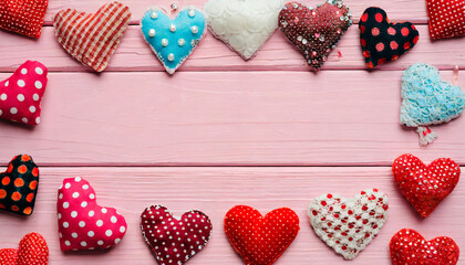 Frame of handmade fabric hearts and sequins, on a pink painted wooden background. Valentine's Day. AI Generated