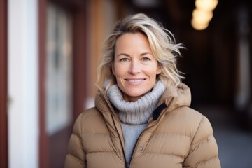 Portrait of a beautiful middle aged woman smiling at the camera in winter - Powered by Adobe