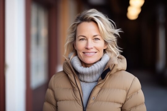 Portrait of a beautiful middle aged woman smiling at the camera in winter