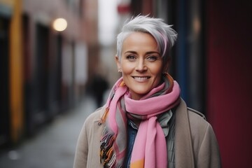 Portrait of a beautiful middle aged woman with short blond hair.