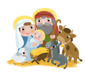 cartoon illustration of the holy family josef mary traditional scene illustration for children