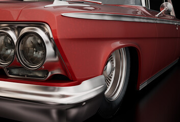 Close Up of Vintage 3D Rendered Classic Car Front Fender, Headlight and Wheel