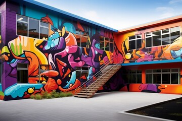 Campus Identity Mural: A captivating graffiti mural portraying a bustling school campus with the institution's name in bold graffiti-style letters. Vibrant artwork embodying the institution's spirit 