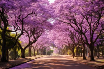 Naklejka premium Blossoming Jacaranda trees park. Spring nature. Generate Ai