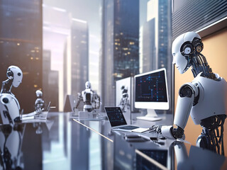 人工知能を搭載した人型ロボットが働く近未来のオフィス生活 - obrazy, fototapety, plakaty