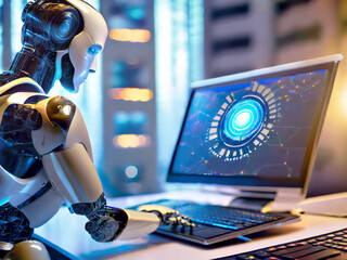 人工知能を搭載した人型ロボットが働く近未来のオフィス生活 - obrazy, fototapety, plakaty