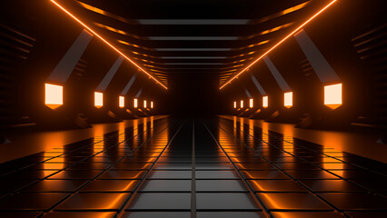 Sci Fi neon glowing lines in a dark tunnel. Reflections on the floor and ceiling. 3d rendering image. Abstract glowing lines. Technology futuristic background.