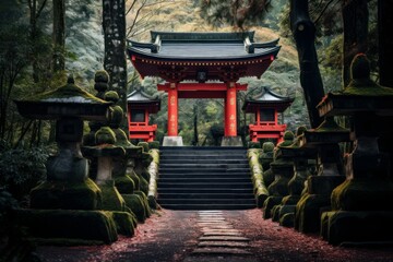Picturesque Japanese red arch. Travel landmark. Generate Ai