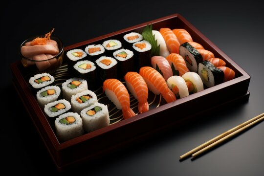 Exotic Japanese sushi top view set. Sashimi sauce. Generate Ai