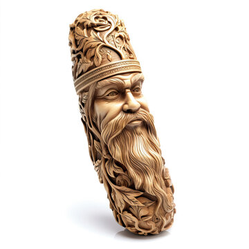 A wooden carving of a man with a beard
