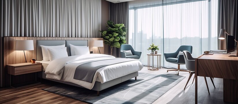 The luxurious hotel room showcased a modern interior design, with a spacious layout and comfortable furniture, offering guests a cozy home-like experience. The large window allowed natural light to