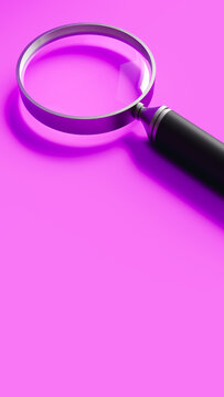 Magnifying glass on top on purple stage, focus and search theme, 3d rendering