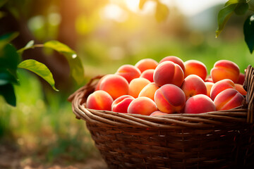 Harvesting of peaches in a basket, gathering fresh of peaches in the garden.
