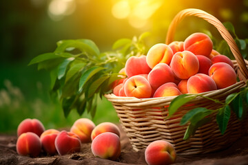 Harvesting of peaches in a basket, gathering fresh of peaches in the garden.
