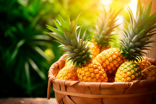 Harvesting pineapple in a basket, gathering fresh pineapple in th egarden. Bright image.
