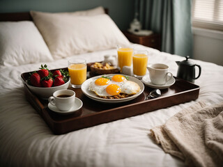 Fototapeta na wymiar Breakfast with croissant and coffee, Breakfast in bed, Tray with food on the bed inside a bedroom,