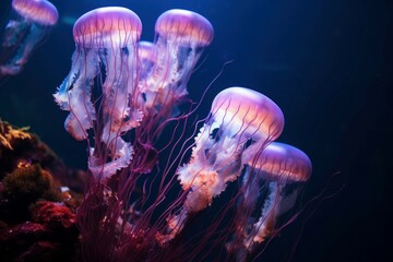 Luminescent Jellyfish glowing pink underwater color. Flower deep. Generate AI