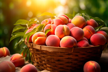 Harvesting of peaches in a basket, gathering fresh of peaches in the garden.
