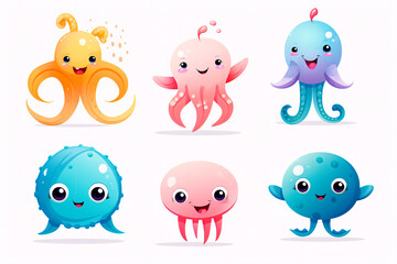 Adorable marine animal collection: Narwhal, hammerhead, stingray, crab, fish, starfish, jellyfish, seahorse. Isolated on white background. Sea and ocean fauna. Cartoon vector illustration.