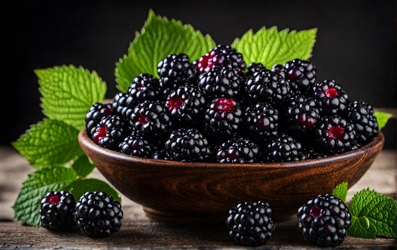 Blackberries in a bowl surrounded by green levees on the table. Healthy food. Health and wellness concept.