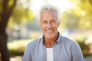 Portrait of a smiling senior man standing in the park at sunset