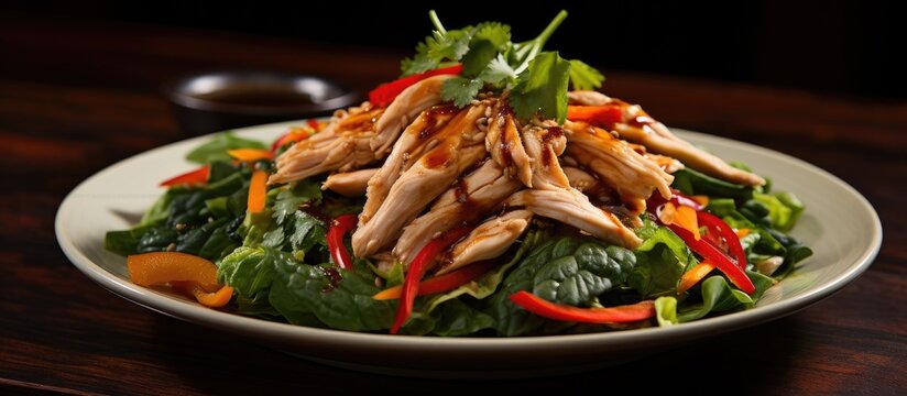 At the green and black themed Asian restaurant, the skilled chef cooked a mouthwatering Chinese chicken salad, a healthy and colorful dish infused with fragrant spices, nutrition, and flavors from