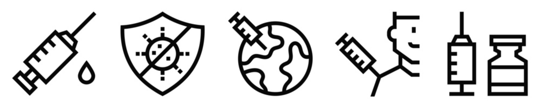 Conjunto de iconos de vacunaci&oacute;n. Prevenci&oacute;n de enfermedades, pandemia. Jeringa, escudo con anticuerpos, vacunaci&oacute;n mundial, persona vacunada, jeringa y vial. Ilustraci&oacute;n vectorial
