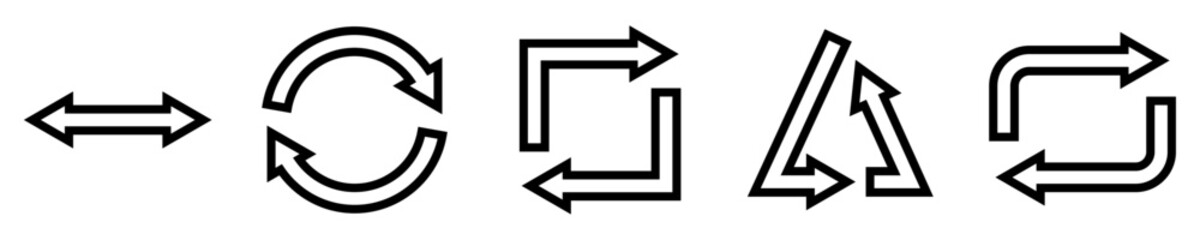Conjunto de iconos de doble flecha. Invertir, actualizar, rotación. Flechas lineal, circular, cuadrada, triangular, rectangular. Ilustración vectorial - obrazy, fototapety, plakaty
