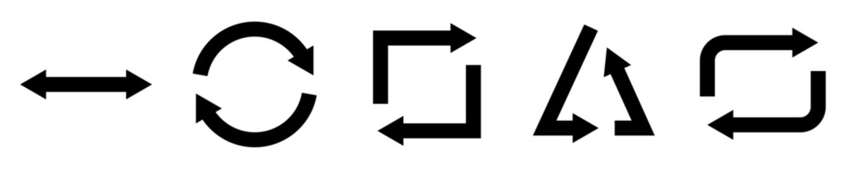 Conjunto de iconos de doble flecha. Invertir, actualizar, rotación. Flechas lineal, circular, cuadrada, triangular, rectangular, silueta. Ilustración vectorial - obrazy, fototapety, plakaty