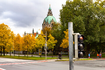 Bicycle traffic light at the intersection of streets. Bicycle infrastructure in Germany. The new...