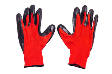 Red plastic gloves isolated on white background. garden cloth gloves, clipping path