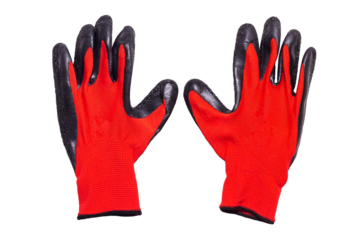 Red plastic gloves isolated on white background. garden cloth gloves, clipping path