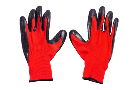 Red plastic gloves isolated on white background. garden cloth gloves, clipping path