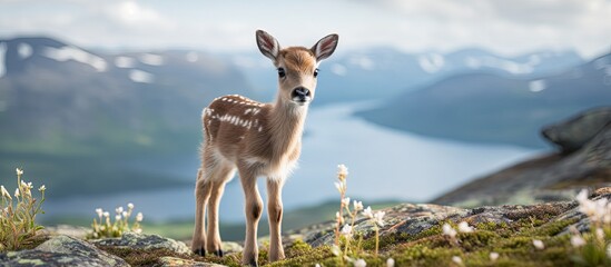 In the picturesque wilderness of Scandinavia's Lapland, a baby reindeer explores the vast summer landscape, marveling at the breathtaking mountains, lush fields, and untamed nature while learning the - obrazy, fototapety, plakaty