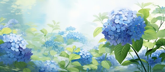 In the midst of a flourishing garden, a delicate Hydrangea with vibrant green leaves and beautiful blue petals blooms, enhancing the natural beauty of the floral scenery. - Powered by Adobe