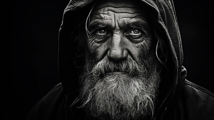 Black and white portrait of a grizzled old fisherman - Powered by Adobe