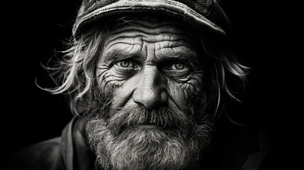 Black and white portrait of a grizzled old fisherman - obrazy, fototapety, plakaty