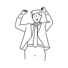 Businessman celebrating success line art vector illustration. Successful business person.