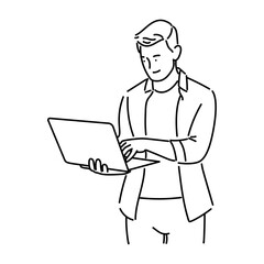 Vector illustration of a standing businessman or man with a laptop on a white background in line art.