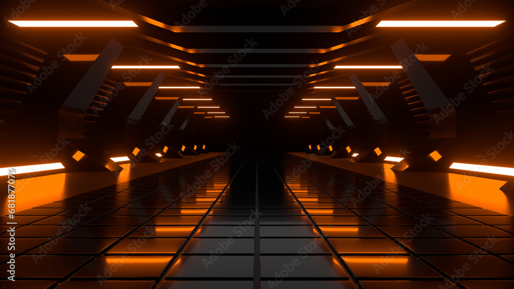 Poster sci fi neon glowing lines in a dark tunnel. reflections on the floor and ceiling. 3d rendering image