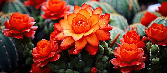 picturesque garden, amidst a dazzling display of colorful flowers and lush green foliage, stood a vibrant red cactus, a striking contrast against the abstract background of orange leaves that