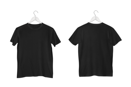 Black Cotton Kids' O-Neck Short Sleeve T-Shirt Displayed on White Wooden Hanger with Transparent Background