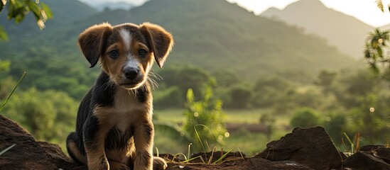 In the lush green landscapes of Sri Lanka, a cute and innocent young puppy, with its brown and gray fur, poses for a portrait in the great outdoors, showcasing the beauty of nature and the innate - obrazy, fototapety, plakaty